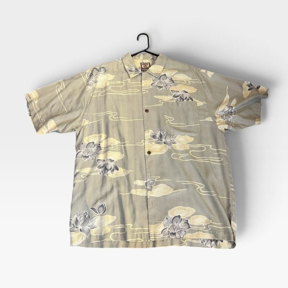 Tommy Bahama Men's 100% Silk Camp Shirt Size L Sage Gray Floral Short Sleeve